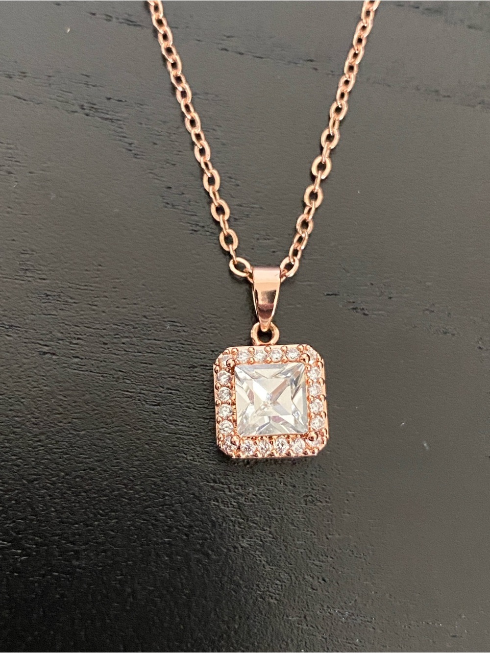 Rose Gold Princess-Cut Cubic Zirconia Halo Pendant Necklace